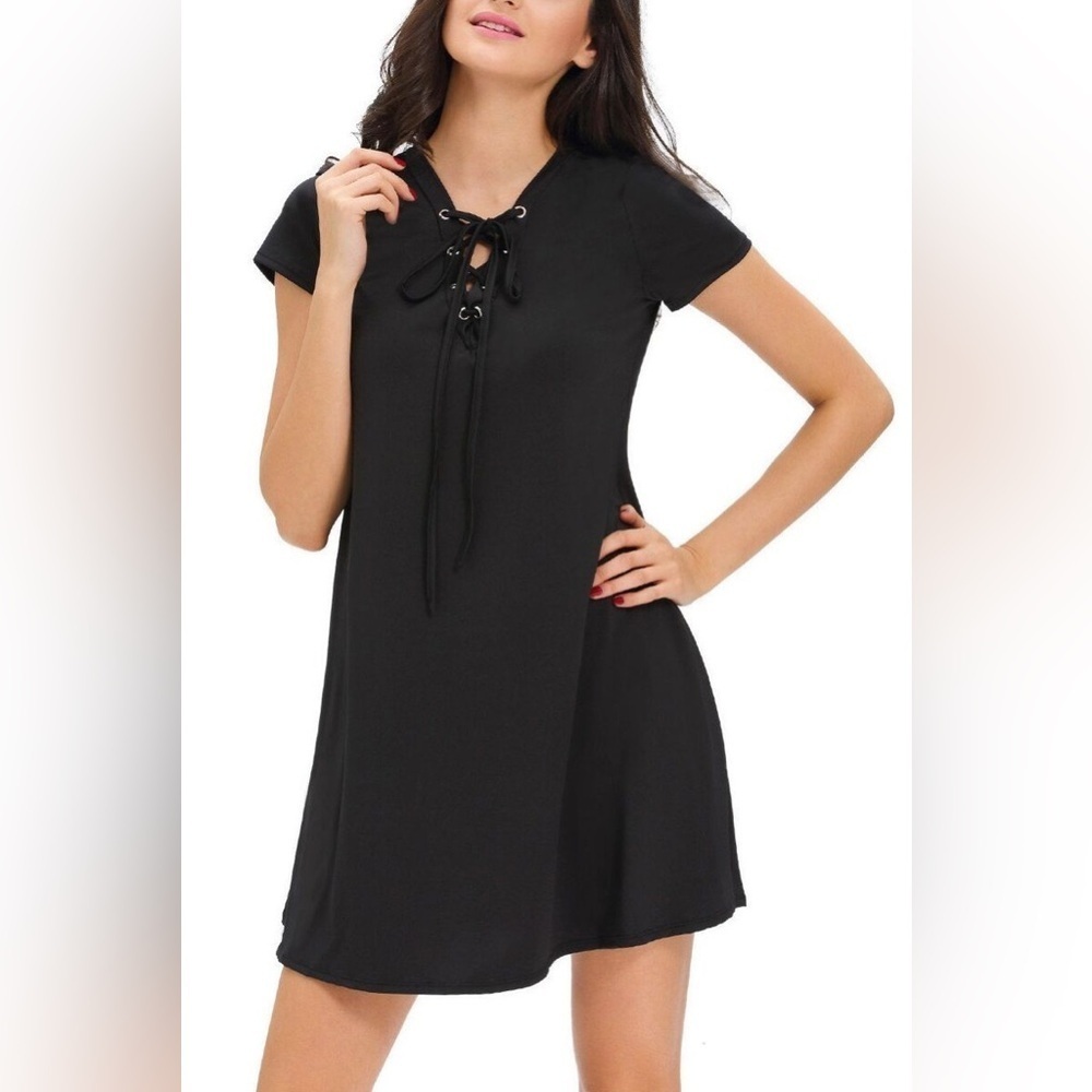 Garage, size S, black tshirt dress, corset front tie up, short sleeve, mini